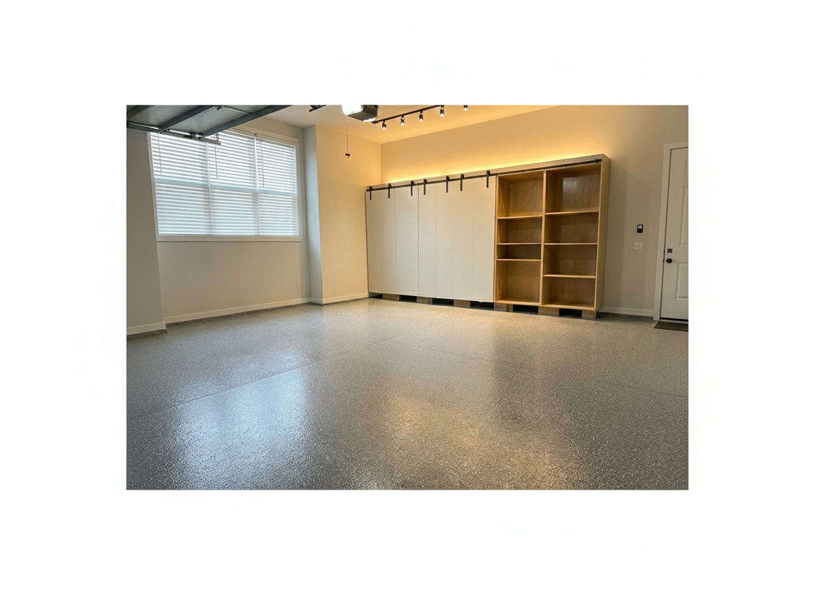 Finished residential garage with grey epoxy flake floor and custom cabinets installed by Ironside Epoxy