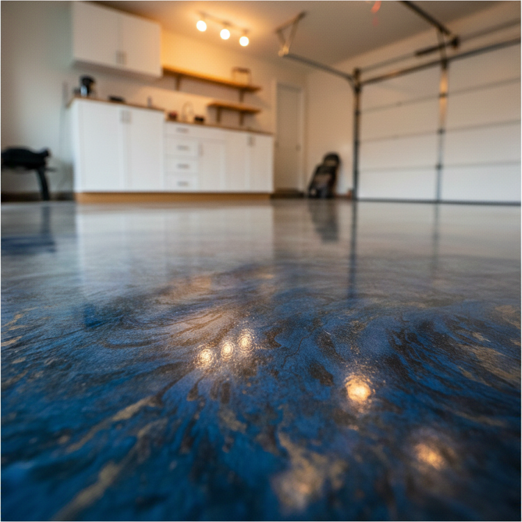Close-up of glossy blue metallic epoxy floor finish by Ironside Epoxy