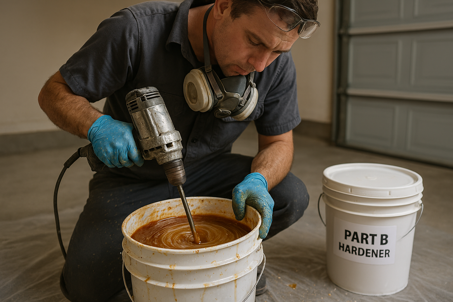 Ironside Epoxy installer mixing epoxy hardener before application